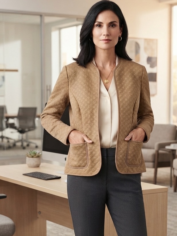 Coldwater Creek Diamond Texture Open Front Camel Tan Jacket